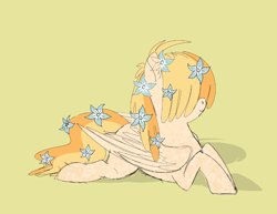 Size: 3300x2550 | Tagged: safe, artist:mizziazz, oc, oc only, oc:flower bed, pegasus, pony, flower, flower in hair, hair over eyes, high res, lying down, offspring, parent:big macintosh, parent:prim posy, prone, simple background, smiling, yellow background