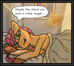 Size: 717x636 | Tagged: safe, artist:realdash, sunny starscout, earth pony, pony, g5, bed, bedroom, blanket, braid, cel shading, cheek squish, crepuscular rays, cute, dialogue, female, hoof heart, lidded eyes, lighting, looking at you, lying down, mare, open mouth, pixel art, shading, smiling, smiling at you, solo, squishy cheeks, sunnybetes, underhoof