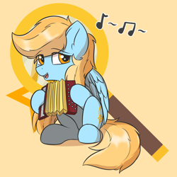 Size: 1454x1454 | Tagged: safe, artist:hcl, oc, oc only, oc:hf, pegasus, pony, accordion, cutie mark background, music notes, musical instrument, orange background, simple background, solo