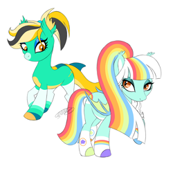 Size: 960x960 | Tagged: safe, artist:serra20, oc, oc only, oc:eris, oc:storm song, bat pony, original species, pony, shark, shark pony, bat pony oc, bat wings, body markings, coat markings, colored hooves, colored muzzle, colored wings, cute, cute little fangs, duo, ear fluff, ear tufts, eyeshadow, facial markings, fangs, folded wings, freckles, high ponytail, makeup, mismatched hooves, multicolored wings, orange eyes, pale belly, ponytail, raised hoof, simple background, slit pupils, socks (coat markings), white background, wings