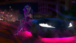 Size: 2560x1440 | Tagged: safe, artist:darky_wings, oc, oc only, oc:efri, pony, unicorn, anthro, plantigrade anthro, car, city, night, toyota, toyota supra