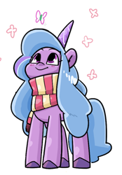 Size: 1198x1726 | Tagged: safe, artist:llish, izzy moonbow, butterfly, pony, unicorn, g5, blushing, clothes, colored hooves, female, looking at something, looking up, mare, scarf, simple background, smiling, solo, standing, striped scarf, three quarter view, white background