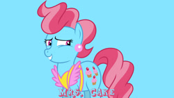 Size: 1920x1080 | Tagged: safe, artist:jeatz-axl, edit, editor:jaredking779, cup cake, earth pony, pony, g4, apron, blue background, clothes, ear piercing, earring, female, jewelry, mare, piercing, simple background, solo