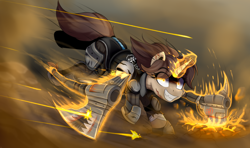 Size: 5280x3120 | Tagged: safe, artist:singovih, oc, oc only, oc:mad star, pony, unicorn, fallout equestria, armor, bullet, clothes, cracks, desert storm, epic, female, glowing, glowing eyes, looking at you, madness, magic, mare, melee weapon, running, smiling, smiling at you, solo, telekinesis, wasteland, weapon