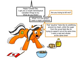 Size: 1236x958 | Tagged: safe, artist:termyotter, oc, oc:macrophage, pony, unicorn, adorable distress, atg 2023, bowl, canada, canada day, canadian flag, cute, dialogue, flag, food, maple syrup, motion lines, national flag, newbie artist training grounds, no name (brand), offscreen character, open mouth, pancakes, plate, poutine, shaking, simple background, talking, white background