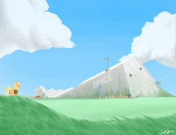 Size: 3800x2900 | Tagged: safe, artist:cdrspark, oc, oc only, earth pony, pony, blue sky, cloud, female, grass, grass field, high res, lineless, ruins, scenery, solo, u.d.c.e., village, wreckage