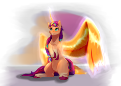 Size: 3000x2120 | Tagged: safe, artist:symphstudio, sunny starscout, alicorn, pony, g5, alicornified, artificial horn, artificial wings, augmented, belly, curved horn, female, high res, hooves to the chest, horn, large wings, long tail, magic, magic horn, magic wings, mane stripe sunny, mare, race swap, sitting, solo, sunnycorn, tail, unshorn fetlocks, wings