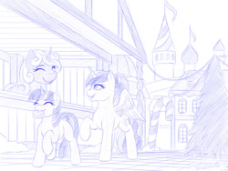 Size: 1024x768 | Tagged: safe, artist:novaintellus, princess cadance, twilight sparkle, alicorn, pony, unicorn, g4, atg 2023, blank flank, castle, eyes closed, female, filly, filly twilight sparkle, monochrome, mouth hold, newbie artist training grounds, raised hoof, sketch, smiling, teen princess cadance, tree, trio, unicorn twilight, younger