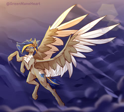 Size: 1280x1163 | Tagged: safe, artist:greenmaneheart, oc, oc only, pegasus, pony, chest fluff, colored wings, flying, large wings, solo, two toned wings, wings