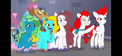 Size: 1792x828 | Tagged: safe, artist:shafiqhafizi70, edit, edited screencap, screencap, bot-y mcbakertons, izzy moonbow, misty brightdawn, pipp petals, sunny starscout, zipp storm, earth pony, pegasus, pony, robot, unicorn, g5, my little pony: tell your tale, sunny's smoothie moves, spoiler:g5, spoiler:my little pony: tell your tale, spoiler:tyts01e47, artwork, digital art, female, grin, indonesia, jewelry, mane stripe sunny, mare, medallion, necklace, open mouth, open smile, photo, recolor, royal sisters (g5), siblings, sisters, smiling