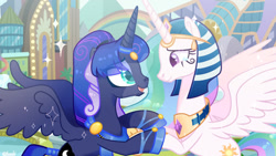 Size: 1280x720 | Tagged: safe, artist:fourteennails, idw, princess celestia, princess luna, alicorn, pony, g4, reflections, artemis luna, base used, concave belly, deviantart watermark, duo, egyptian, egyptian headdress, egyptian pony, female, looking at each other, looking at someone, mare, mirror universe, obtrusive watermark, open mouth, open smile, ra celestia, royal sisters, siblings, sisters, slender, smiling, teary eyes, thin, watermark