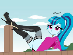 Size: 1032x774 | Tagged: safe, artist:gibsterboy5, sonata dusk, human, equestria girls, g4, boots, clothes, high heel boots, high heels, looking at someone, lying down, outdoors, panties, raised leg, shirt, shoes, sky, socks, solo, thigh boots, thigh highs, thigh socks, underwear, wooden floor