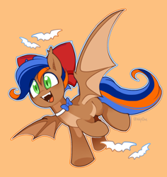 Size: 1412x1494 | Tagged: safe, artist:inkp0ne, oc, oc only, oc:johan, bat pony, pony, bat pony oc, bat wings, bow, bowtie, fangs, hair bow, male, orange background, pale belly, simple background, solo, spread wings, wings