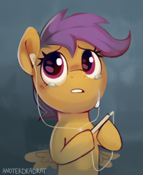 Size: 2406x2928 | Tagged: safe, artist:anotherdeadrat, scootaloo, pegasus, pony, g4, bust, cellphone, crying, cute, cutealoo, earbuds, female, filly, foal, high res, looking at you, phone, portrait, sad, sadorable, small wings, smartphone, solo, spread wings, teary eyes, wings