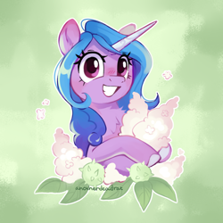 Size: 3000x3000 | Tagged: safe, artist:anotherdeadrat, izzy moonbow, pony, unicorn, g5, blushing, bust, cute, female, flower, high res, izzybetes, mare, portrait, smiling, solo