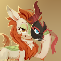 Size: 3900x3900 | Tagged: safe, artist:anotherdeadrat, autumn blaze, kirin, nirik, g4, asian, brown background, chinese, chinese mask, cloven hooves, cute, eyebrows, female, high res, horn, japanese, japanese mask, lidded eyes, looking at you, mask, raised hoof, signature, simple background, slender, smiling, smiling at you, solo, thin