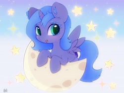 Size: 4000x3000 | Tagged: safe, artist:zokkili, princess luna, alicorn, pony, g4, beanbrows, cute, eyebrows, female, filly, high res, horn, looking at you, lunabetes, moon, open mouth, open smile, signature, smiling, smiling at you, solo, sparkles, spread wings, stars, wings, woona, younger