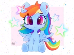 Size: 4000x3000 | Tagged: safe, artist:zokkili, rainbow dash, pegasus, pony, g4, beanbrows, cute, dashabetes, ear fluff, eye clipping through hair, eyebrows, eyebrows visible through hair, female, frog (hoof), high res, looking at you, signature, sitting, smiling, smiling at you, solo, spread wings, stars, underhoof, wings