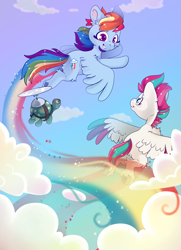 Size: 3071x4252 | Tagged: safe, artist:cutepencilcase, rainbow dash, tank, zipp storm, pegasus, pony, tortoise, g4, g5, cloud, flight trail, flying, generation leap, generational ponidox, high res, looking at each other, looking at someone, outdoors, rainbow trail, sky, smiling, speed trail, spread wings, trio, unshorn fetlocks, wings, zipp and her heroine