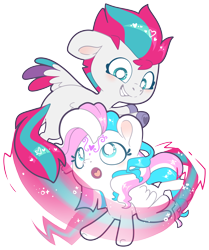 Size: 3976x4760 | Tagged: safe, artist:cutepencilcase, star catcher, zipp storm, pegasus, pony, g3, g5, absurd resolution, catcherbetes, chibi, coat markings, duo, female, flight trail, floppy ears, flying, generation leap, generational ponidox, hoof heart, looking at each other, looking at someone, open mouth, open smile, simple background, smiling, spread wings, swirls, swirly markings, transparent background, underhoof, wings