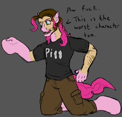 Size: 1335x1278 | Tagged: safe, artist:maximumeevee, pinkie pie, earth pony, human, pony, g4, cargo pants, clothes, dialogue, gray background, human to pony, kneeling, male to female, mid-transformation, open mouth, pants, shirt, simple background, transformation, transgender transformation