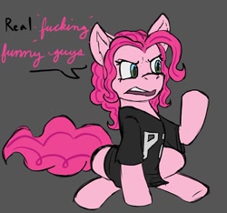 Size: 1210x1133 | Tagged: safe, artist:maximumeevee, pinkie pie, earth pony, pony, g4, clothes, dialogue, female, gray background, human to pony, male to female, mare, post-transformation, shirt, simple background, speech bubble, t-shirt, transformation, transformed, transgender transformation