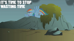Size: 2000x1125 | Tagged: safe, edit, edited screencap, editor:quoterific, screencap, rainbow dash, pegasus, pony, dragonshy, g4, season 1, female, flying, it's time to stop, mare, motivation, motivational, open mouth, positive ponies, rock, solo, tree