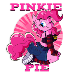 Size: 5000x5000 | Tagged: safe, artist:tysobro, pinkie pie, earth pony, anthro, g4, arm warmers, big breasts, big tail, blue eyes, breasts, busty pinkie pie, butt, clothes, converse, denim, denim shorts, ear piercing, earring, female, hand on leg, hand on thigh, jewelry, kneeling, long hair, looking at you, looking back, nirvana, one eye closed, piercing, pink body, pink hair, pink tail, plump, punk, punkie pie, rear view, shoes, short shirt, shorts, simple background, smiling, socks, solo, tail, text, wink