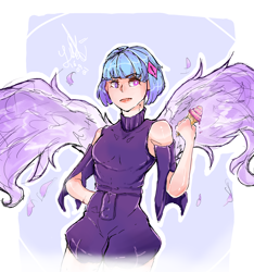 Size: 2480x2644 | Tagged: safe, artist:dantalust, oc, oc only, oc:metaru scarlet, human, clothes, female, food, heterochromia, high res, humanized, humanized oc, ice cream, ice cream cone, shorts, solo, sweater, winged humanization, wings