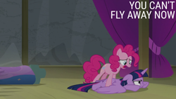Size: 2000x1125 | Tagged: safe, edit, edited screencap, editor:quoterific, screencap, pinkie pie, twilight sparkle, alicorn, earth pony, pony, g4, horse play, female, frown, looking down, lying down, mare, open mouth, prone, sploot, spread wings, subtitles, twilight sparkle (alicorn), unamused, wings