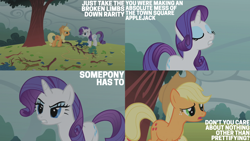 Size: 2000x1125 | Tagged: safe, edit, edited screencap, editor:quoterific, screencap, applejack, rarity, earth pony, pony, unicorn, g4, look before you sleep, season 1, eye contact, eyes closed, eyeshadow, female, lidded eyes, looking at each other, looking at someone, makeup, mare, open mouth, rope, tree, tree branch