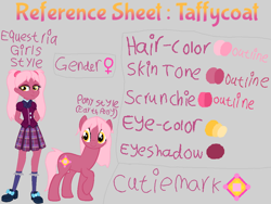 Size: 1024x768 | Tagged: safe, artist:rainbowstarcolour262, oc, oc only, oc:taffycoat, earth pony, human, pony, equestria girls, g4, bowtie, clothes, crystal prep academy uniform, cutie mark, earth pony oc, eyeshadow, female, gray background, hand behind back, handwritten text, makeup, mare, pigtails, plaid skirt, pleated skirt, raised hoof, reference sheet, school uniform, scrunchie, shirt, shoes, simple background, skirt, socks, solo, text, twintails, yellow eyes