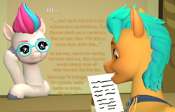 Size: 1692x1080 | Tagged: safe, artist:red4567, hitch trailblazer, zipp storm, earth pony, pegasus, pony, g5, 3d, atg 2023, coat markings, dialogue, duo, fake eyes glasses, female, glasses, holding paper, hoof hold, indoors, male, mare, newbie artist training grounds, onomatopoeia, paper, reading, sleeping, socks (coat markings), sound effects, source filmmaker, stallion, supporting head, unshorn fetlocks, zzz