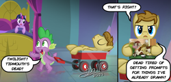 Size: 2880x1384 | Tagged: safe, artist:tidmouthmilk12, spike, twilight sparkle, oc, oc:tidmouth milk, alicorn, dragon, earth pony, pony, g4, angry, bedroom, meme, meta, playing dead, shocked, signature, simpsons did it, speech bubble, the simpsons, twilight sparkle (alicorn), twilight's castle, wagon