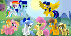 Size: 1980x1020 | Tagged: safe, artist:mlplary6, li'l cheese, oc, oc:apple honey, oc:apple sweet, oc:autumn crisp, oc:blue skies, oc:jewel, oc:melody blossom, oc:speedy dash, oc:star sparkle, earth pony, pegasus, pony, unicorn, g4, the last problem, alicorn wings, baby, baby pony, bow, colt, diaper, female, filly, flower, flower in hair, flying, foal, friends, hair bow, looking at you, male, offspring, parent:applejack, parent:big macintosh, parent:caramel, parent:fancypants, parent:flash sentry, parent:fluttershy, parent:rainbow dash, parent:rarity, parent:soarin', parent:twilight sparkle, parents:carajack, parents:flashlight, parents:fluttermac, parents:raripants, parents:soarindash, riding, siblings, sitting, smiling, smiling at you, sun, twins, wings