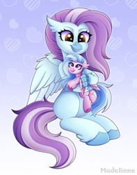 Size: 3500x4442 | Tagged: safe, artist:madelinne, silverstream, oc, oc:ocean breeze, hippogriff, g4, cute, duo, duo female, female, freckles, happy, hippogriff oc, hug, jewelry, ocbetes, plushie, smiling