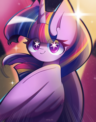 Size: 2000x2550 | Tagged: safe, artist:miryelis, twilight sparkle, alicorn, pony, g4, big ears, big eyes, colored, cute, gradient mane, high res, horn, looking at you, signature, simple background, smiling, smiling at you, solo, sparkles, starry eyes, twiabetes, twilight sparkle (alicorn), wingding eyes, wings