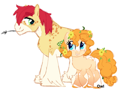 Size: 902x696 | Tagged: safe, artist:vintage-owll, bright mac, pear butter, earth pony, pony, g4, alternate design, base used, female, male, ship:brightbutter, shipping, simple background, straight, straw in mouth, unshorn fetlocks, white background