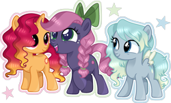 Size: 2480x1491 | Tagged: safe, artist:xxcheerupxxx, oc, oc only, oc:plum berry, oc:sky shard, oc:sunstone, earth pony, pegasus, pony, unicorn, bow, braid, female, filly, foal, hair bow, simple background, transparent background