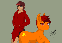 Size: 3360x2340 | Tagged: safe, artist:ikkri, oc, oc:ikkri fik, oc:land burner, human, pony, clothes, femboy, golden eyes, high res, hoodie, hot pants, male, orange fur, ponysona, red eyes, signature, simple background, stallion, yellow skin