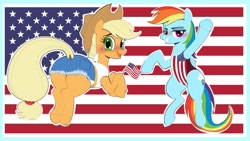 Size: 2047x1151 | Tagged: safe, artist:_ton618_, applejack, rainbow dash, pegasus, pony, g4, 4th of july, applebutt, blushing, butt, clothes, duo, female, flag, holiday, mare, one-piece swimsuit, plot, shorts, swimsuit, tail, tail hole, united states