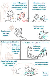 Size: 1000x1547 | Tagged: safe, artist:weaver, oc, oc only, oc:danganya, oc:ice pack, pony, unicorn, zebra, ask ice pack, comic, dialogue, disguise, disguised changeling, duo, duo male and female, eyes closed, fangs, female, happy, horn, jewelry, looking at each other, looking at someone, male, one eye closed, open mouth, open smile, raised hoof, sitting, smiling, tail