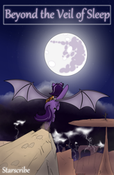 Size: 1575x2400 | Tagged: safe, artist:skydreams, oc, oc only, oc:mira, bat pony, cat, pony, bat pony oc, commission, cover art, female, mare, mare in the moon, moon, storm