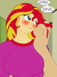 Size: 2428x3252 | Tagged: safe, artist:badumsquish, derpibooru exclusive, sunset shimmer, human, monster girl, sphinx, equestria girls, g4, asking, bashful, big breasts, blushing, breasts, busty sunset shimmer, canterlot high, claws, clothes, female, flirting, hair twirl, high res, lockers, looking away, looking up, low angle, nervous, offscreen character, paws, pov, school, shirt, solo, species swap, sphinxified, t-shirt, talking, talking to viewer, tall, woman