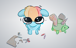 Size: 976x622 | Tagged: safe, artist:kerozenne, derpibooru exclusive, rainbow dash, tank, alicorn, pegasus, pony, tortoise, g4, alicornified, crayon, doodle, floppy ears, looking at you, puppy dog eyes, scissors, simple background, thread, white background