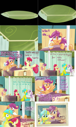 Size: 2404x4010 | Tagged: safe, artist:redheadfly, apple bloom, scootaloo, sweetie belle, oc, oc:realm jumper, earth pony, pegasus, pony, unicorn, tumblr:ask-adultscootaloo, g4, bandage, comic, cutie mark crusaders, hospital, older, older scootaloo