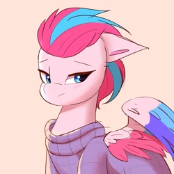 Size: 2048x2048 | Tagged: safe, artist:nari_artsz, zipp storm, pegasus, pony, g5, adorazipp, clothes, colored wings, cute, eyebrows, female, floppy ears, heart, heart eyes, high res, lidded eyes, mare, multicolored wings, partially open wings, simple background, solo, sweater, tan background, wingding eyes, wings