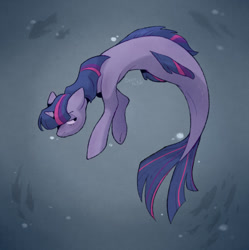 Size: 1280x1284 | Tagged: safe, artist:bertymchale, twilight sparkle, fish, pony, seapony (g4), unicorn, g4, alternate versions at source, bubble, digital art, dorsal fin, female, fin, fins, fish tail, flowing mane, flowing tail, horn, mare, ocean, purple eyes, seaponified, seapony twilight, signature, solo, species swap, swimming, tail, underwater, water