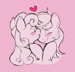 Size: 1280x1223 | Tagged: safe, artist:bertymchale, bon bon, lyra heartstrings, sweetie drops, earth pony, pony, unicorn, g4, blushing, duo, ear blush, female, heart, kissing, lesbian, pink background, ship:lyrabon, shipping, simple background