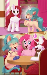 Size: 1280x2048 | Tagged: safe, artist:kebchach, pinkie pie, oc, oc only, oc:snowy do, earth pony, pony, unicorn, g4, chest fluff, earth pony oc, female, heart, heart eyes, horn, male, mare, ok hand sign, restaurant, stallion, talking, trio, unicorn oc, wingding eyes